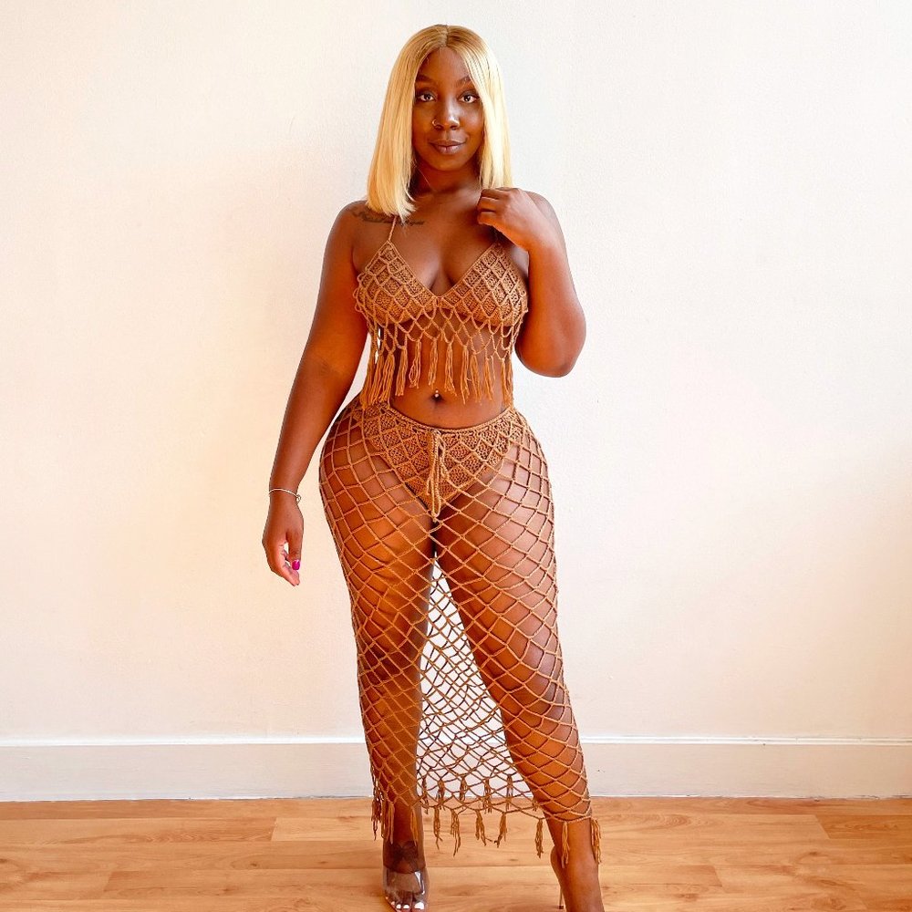 Crochet Fringe Skirt Set in Mocha